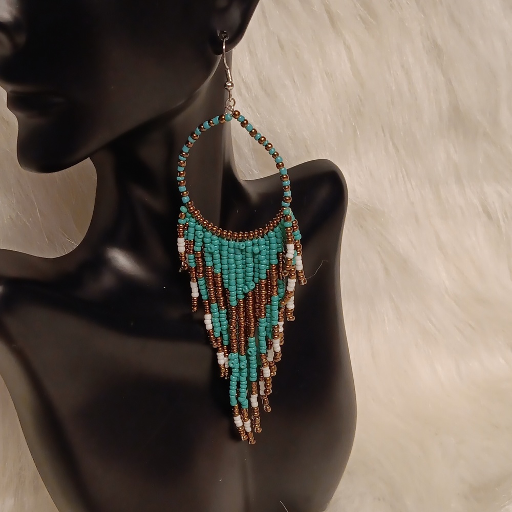 Multi Colored Beaded Hoop Dangle Earrings - image 2